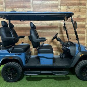 Blue four-seat golf cart side view